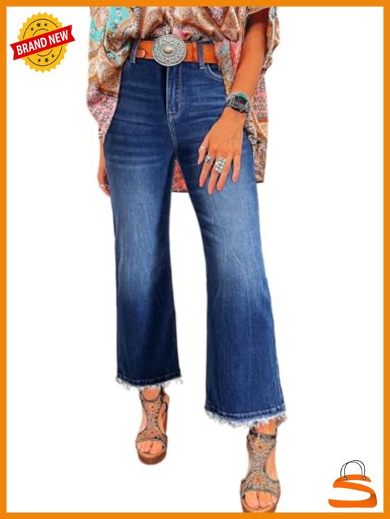 Denim - High Waisted Flared Jeans Raw Hem Stretchy Denim Pants